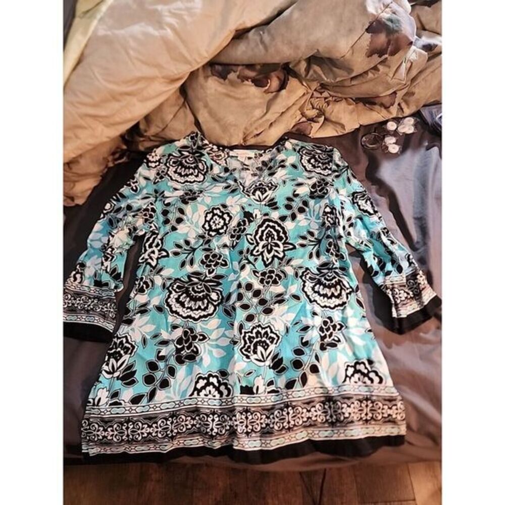 JM Collection Womens Linen V‎ Neck Shirt Floral Slit 3/4 Sleeve Top Size 8